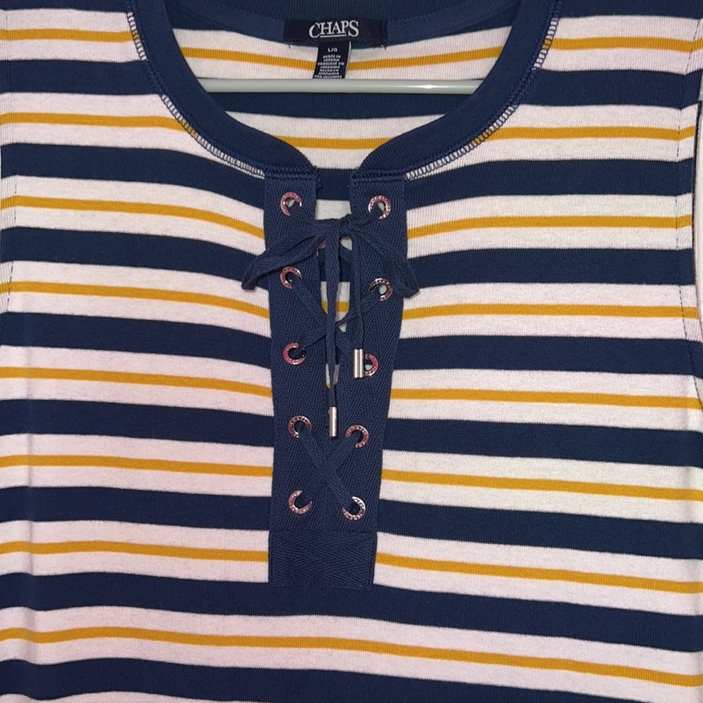 Chaps Blue Yellow and White Striped Sleeveless Lace Up Front Maxi dress Size L - Picture 3 of 9